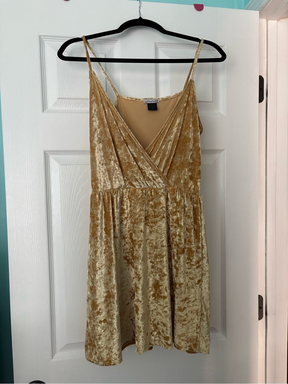 Gold Crushed Velvet Wrap Mini Dress with Spaghetti Straps